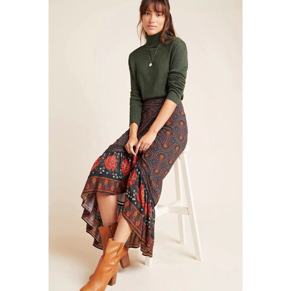 Farm Rio Mermaid Skirt Small Brown Abstract Ruffled Cordoba Wrap Boho Western - Picture 1 of 12